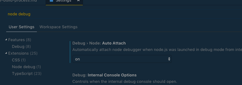 Search for on debug and set attach to enable Search for on debug and set attach to enable