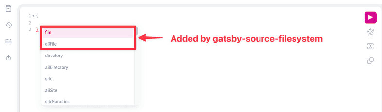 The GraphiQL IDE showing the new autocomplete options provided by the gatsby-source-filesystem plugin The GraphiQL IDE showing the new autocomplete options provided by the gatsby-source-filesystem plugin