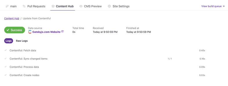 Screenshot of the log overview. The heading section shows a success/failed badge, next to it the source of the data update and some statistics. Below that you can toggle between logs and raw logs. Screenshot of the log overview. The heading section shows a success/failed badge, next to it the source of the data update and some statistics. Below that you can toggle between logs and raw logs.
