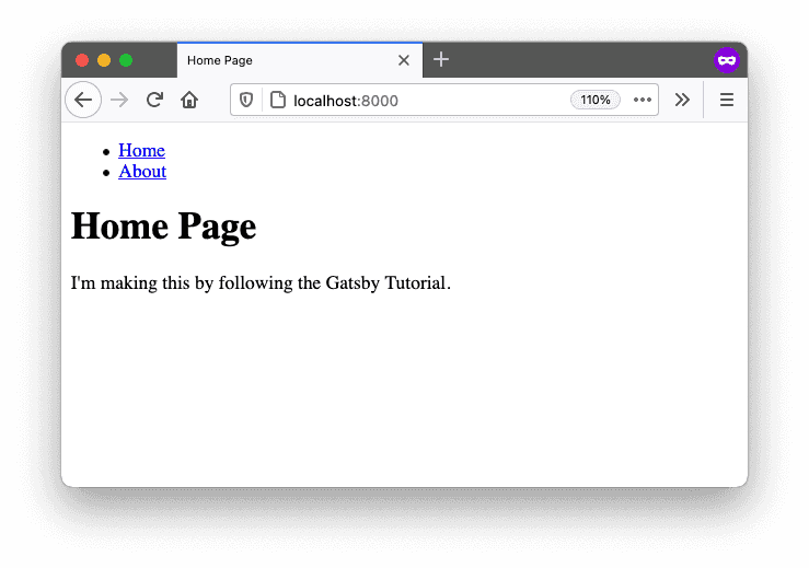 A screenshot of the Home page. Now there's a list of navigation links at the top of the page, with links to the Home and About pages. A screenshot of the Home page. Now there's a list of navigation links at the top of the page, with links to the Home and About pages.