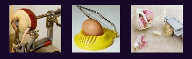 Kitchen accessories like an apple peeler, an egg slicer, or a garlic press are specialized tools that do one thing really well. They aren't required, but they make your life easier.) Kitchen accessories like an apple peeler, an egg slicer, or a garlic press are specialized tools that do one thing really well. They aren't required, but they make your life easier.)