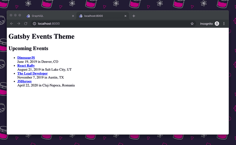 The events page, shown with markup defined The events page, shown with markup defined