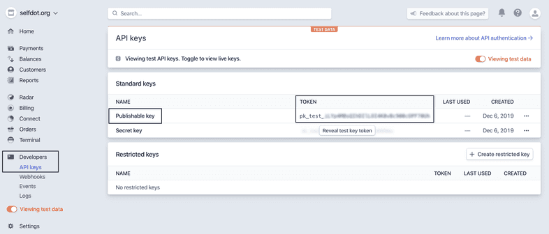 Stripe public test key location in Stripe account Stripe public test key location in Stripe account