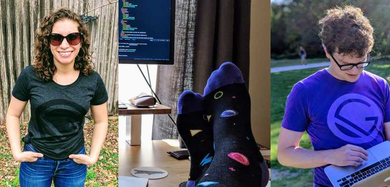Gatsby contributors wearing swag. Left image shows a woman wearing a black T-Shirt with a light gray Gatsby logo on it. Middle image shows the Gatsby socks. Right image shows a man wearing a purple T-Shirt with a light purple Gatsby logo on it. Gatsby contributors wearing swag. Left image shows a woman wearing a black T-Shirt with a light gray Gatsby logo on it. Middle image shows the Gatsby socks. Right image shows a man wearing a purple T-Shirt with a light purple Gatsby logo on it.