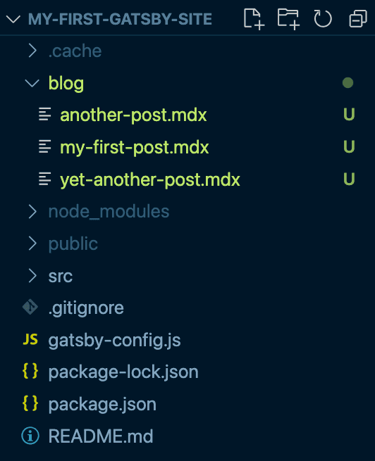 A screenshot of the VS Code Explorer pane. There's a new top-level directory called "blog", which contains three new files: "another-post.mdx", "my-first-post.mdx", and "yet-another-post.mdx". A screenshot of the VS Code Explorer pane. There's a new top-level directory called "blog", which contains three new files: "another-post.mdx", "my-first-post.mdx", and "yet-another-post.mdx".