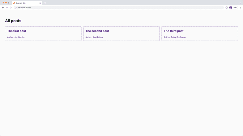 A screenshot of "localhost:8000" in a web browser. A heading says "All posts" and under it are three cards with the subheadings "The first post", "The second post", and "The third post". They link to their individual pages. A screenshot of "localhost:8000" in a web browser. A heading says "All posts" and under it are three cards with the subheadings "The first post", "The second post", and "The third post". They link to their individual pages.