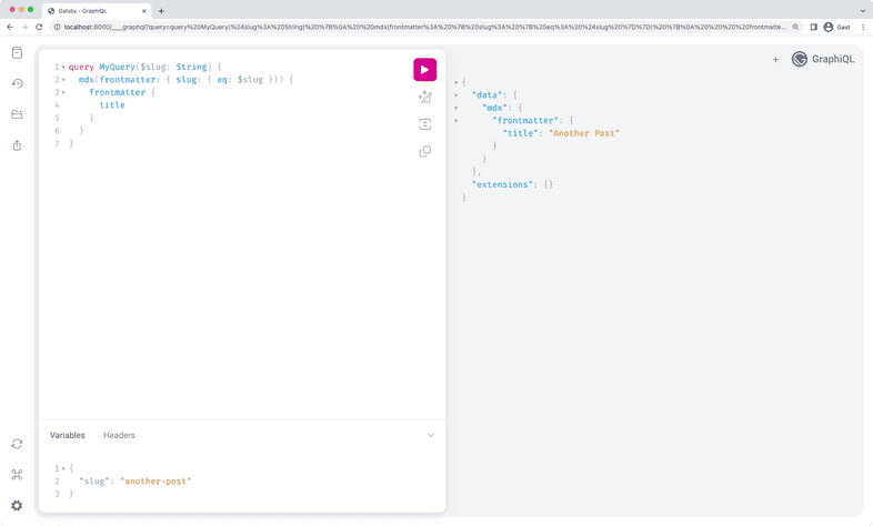 A screenshot of GraphiQL in a web browser. The Query Editor pane in the middle shows the request with query variables. The Query Variables pane below shows a JSON object with a single key-value pair for the `slug`. The Result Window shows the single MDX node returned in the response. A screenshot of GraphiQL in a web browser. The Query Editor pane in the middle shows the request with query variables. The Query Variables pane below shows a JSON object with a single key-value pair for the `slug`. The Result Window shows the single MDX node returned in the response.