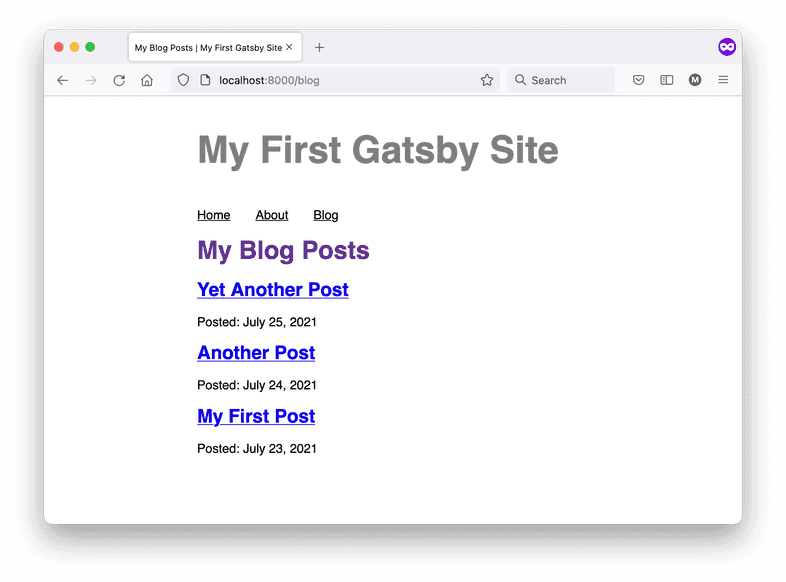A screenshot of the Blog page in a web browser. It shows the title and date for each post, and each post title is a link to the page for that post. A screenshot of the Blog page in a web browser. It shows the title and date for each post, and each post title is a link to the page for that post.