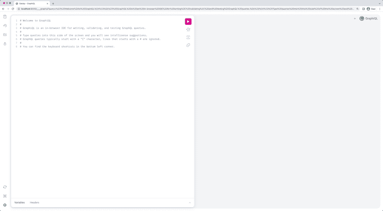 A screenshot of the GraphiQL UI. Read the description below for an explanation. A screenshot of the GraphiQL UI. Read the description below for an explanation.