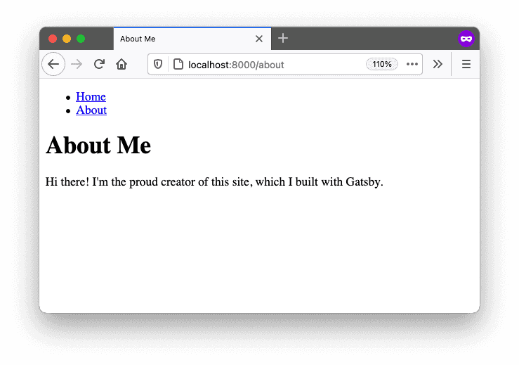 A screenshot of the About page. It has the same list of navigation links at the top of the page as the Home page. A screenshot of the About page. It has the same list of navigation links at the top of the page as the Home page.