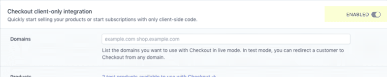 Stripe control to enable the Checkout client-side only integration highlighted Stripe control to enable the Checkout client-side only integration highlighted