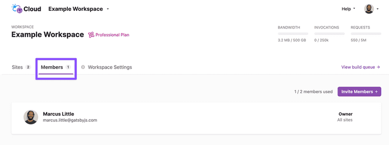 Gatsby Cloud Workspace Members tab Gatsby Cloud Workspace Members tab