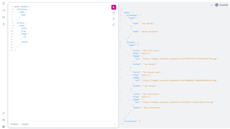 A screenshot of "localhost:8000/___graphql" in a web browser. The GraphiQL IDE shows the results of the GraphQL query mentioned above. A screenshot of "localhost:8000/___graphql" in a web browser. The GraphiQL IDE shows the results of the GraphQL query mentioned above.