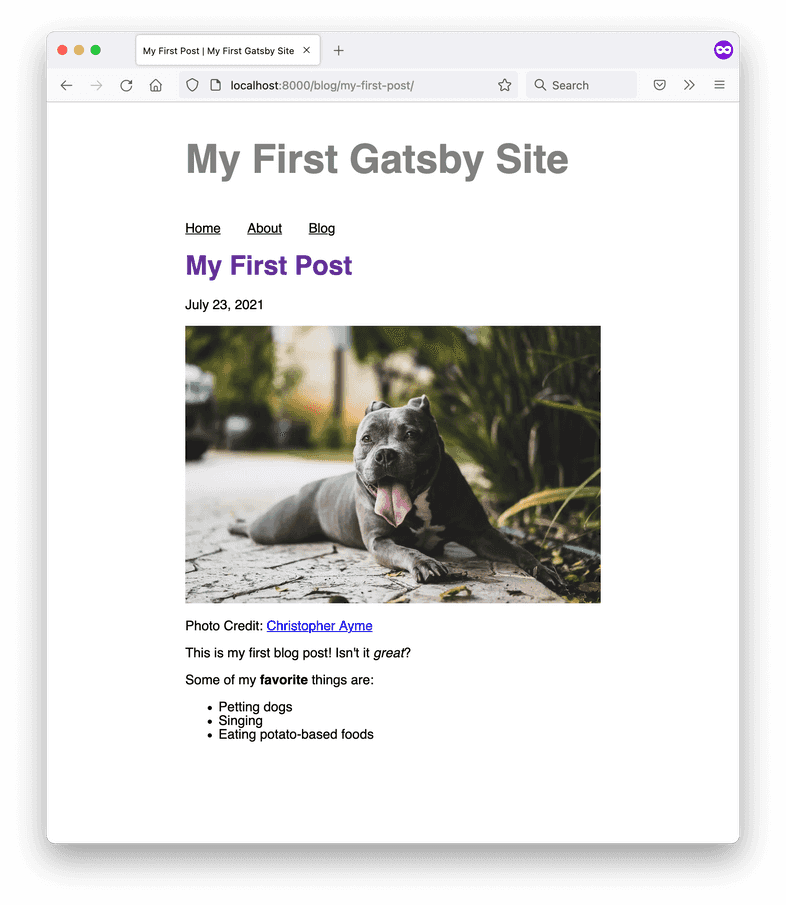 A screenshot of the My First Post blog page, which now includes a photo credit underneath the hero image. It says, "Photo Credit: Christopher Ayme". A screenshot of the My First Post blog page, which now includes a photo credit underneath the hero image. It says, "Photo Credit: Christopher Ayme".