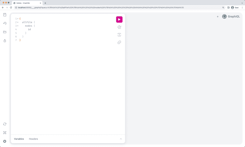 The GraphiQL IDE showing the results of a filesystem query The GraphiQL IDE showing the results of a filesystem query