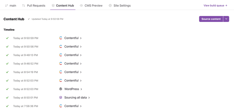 Screenshot of the Content Hub overview. It's a list of sourcing events for different CMS and their respective status. Kind of like the build overview. Screenshot of the Content Hub overview. It's a list of sourcing events for different CMS and their respective status. Kind of like the build overview.
