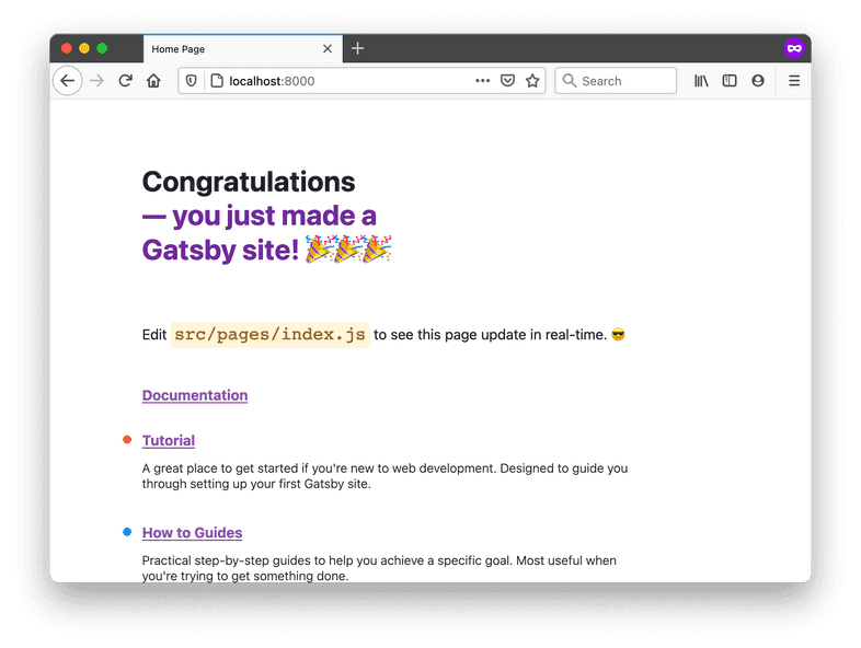 The default home page generated by the "gatsby new" command. The default home page generated by the "gatsby new" command.