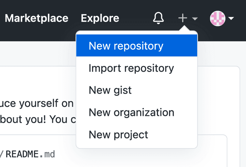 A dropdown in the navigation bar reveals the "New repository" button. A dropdown in the navigation bar reveals the "New repository" button.