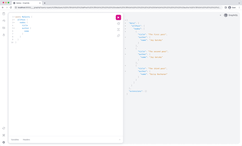 A screenshot of "localhost:8000/___graphql" in a web browser. The GraphiQL IDE shows the results of the GraphQL query mentioned above. A screenshot of "localhost:8000/___graphql" in a web browser. The GraphiQL IDE shows the results of the GraphQL query mentioned above.