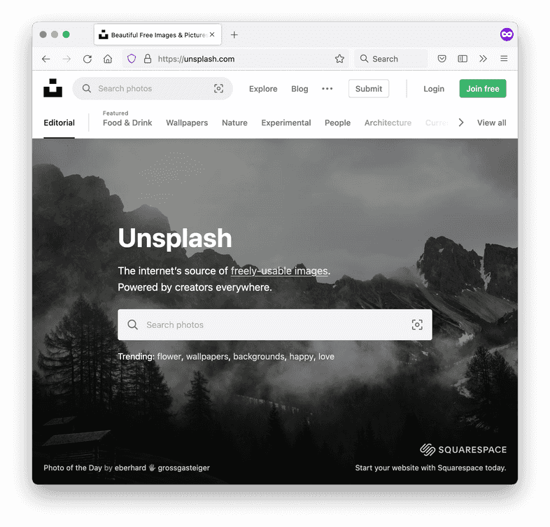 A screenshot of the Unsplash home page A screenshot of the Unsplash home page