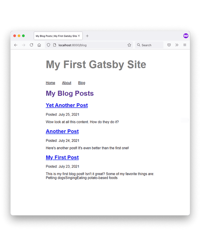 A screenshot of the Blog page in a web browser. Now, underneath the date for each post, the excerpt of the blog post are also being rendered. A screenshot of the Blog page in a web browser. Now, underneath the date for each post, the excerpt of the blog post are also being rendered.
