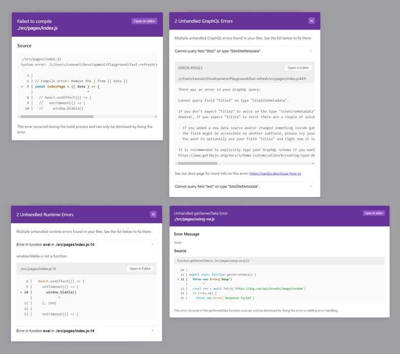 Four error overlays from left to right, top to bottom: Compile error, GraphQL errors, runtime errors, and getServerData error Four error overlays from left to right, top to bottom: Compile error, GraphQL errors, runtime errors, and getServerData error