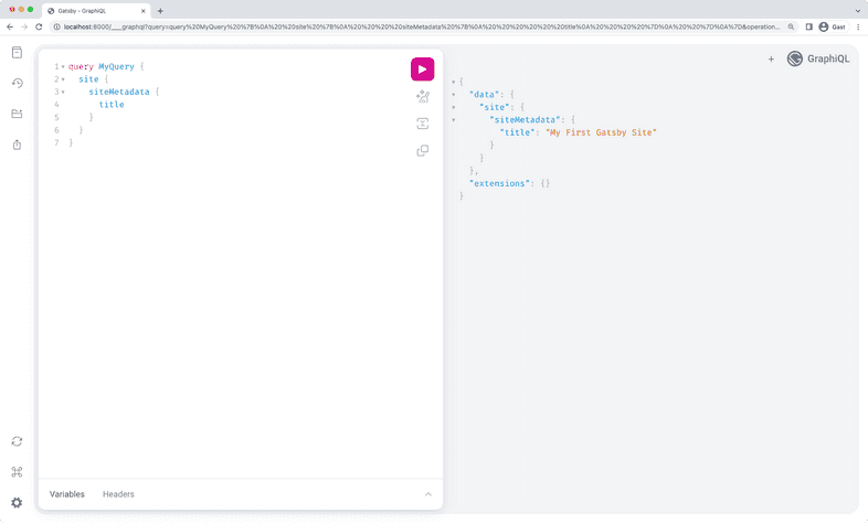 A screenshot of the GraphiQL interface in a web browser. It has three main sections: the left sidebar, the query editor, and the result window. A screenshot of the GraphiQL interface in a web browser. It has three main sections: the left sidebar, the query editor, and the result window.