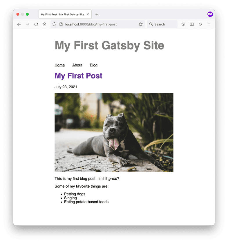 A screenshot of the My First Post blog page, with a hero image of a gray pitbull relaxing on the sidewalk. A screenshot of the My First Post blog page, with a hero image of a gray pitbull relaxing on the sidewalk.