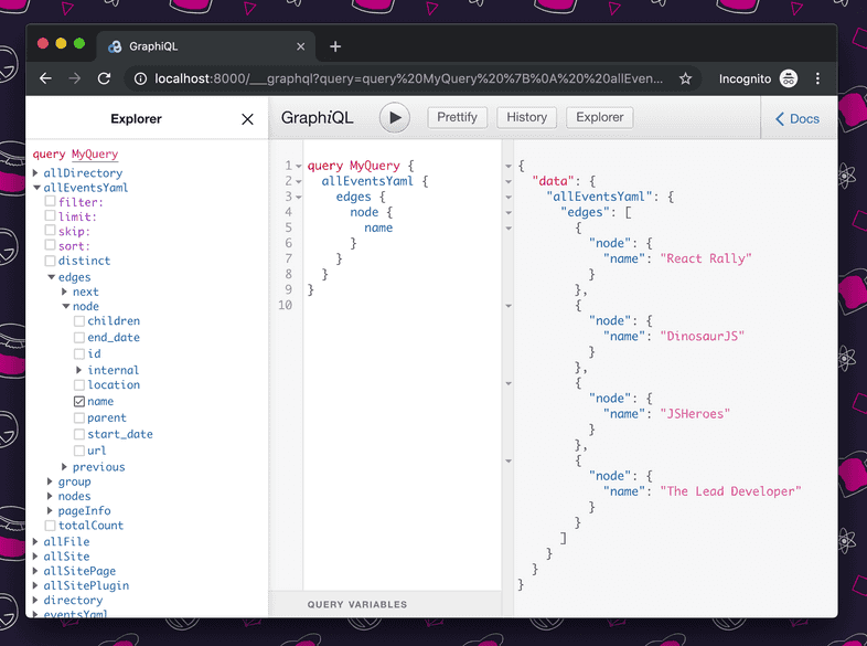 Successful execution of the previously described query, in the GraphiQL explorer Successful execution of the previously described query, in the GraphiQL explorer