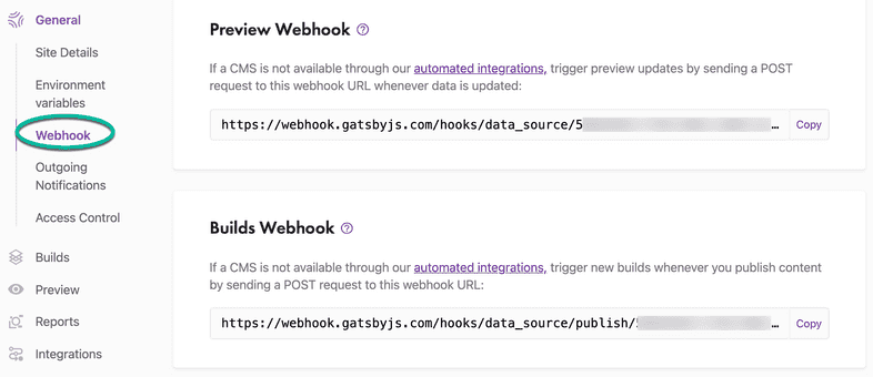 webhook settings on the gatsby cloud dashboard webhook settings on the gatsby cloud dashboard