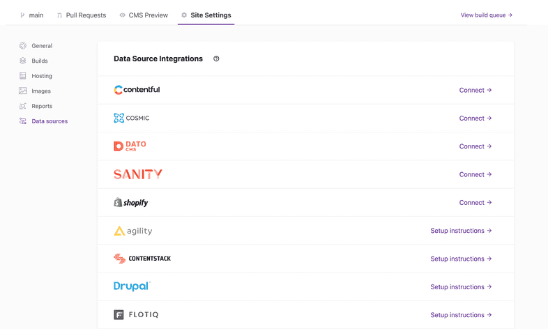Data sources available for Quick Connect Data sources available for Quick Connect