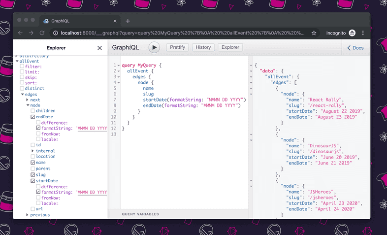 Successful execution of the previously described query, in the GraphiQL explorer Successful execution of the previously described query, in the GraphiQL explorer