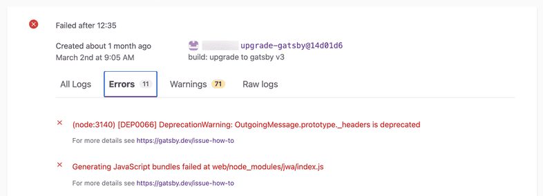 Gatsby Cloud error and warning logs Gatsby Cloud error and warning logs